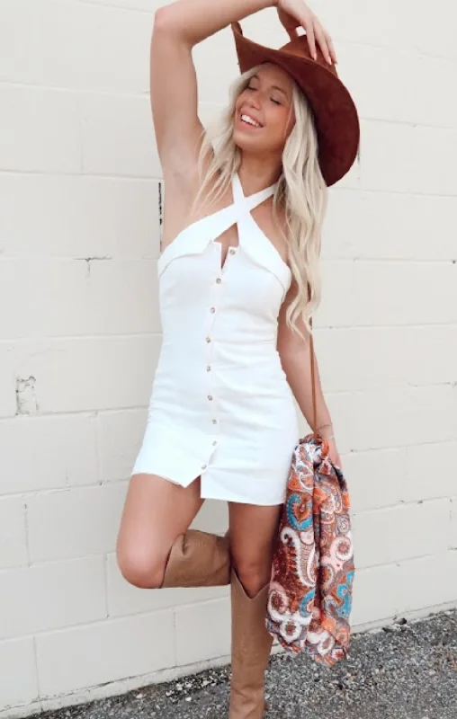 Can't Be Beat Cross Halter Neck Button Tube Dress