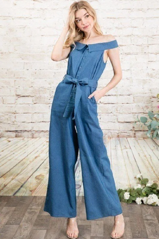 New Deals Fold-over Collar Detailed Button Down Off-shoulder Chambray Denim Wide Leg Palazzo Jumpsuit With Waist Tie New Deals Fold-over Collar Detailed Button Down Off-shoulder Chambray Denim Wide Leg Palazzo Jumpsuit With Waist Tie