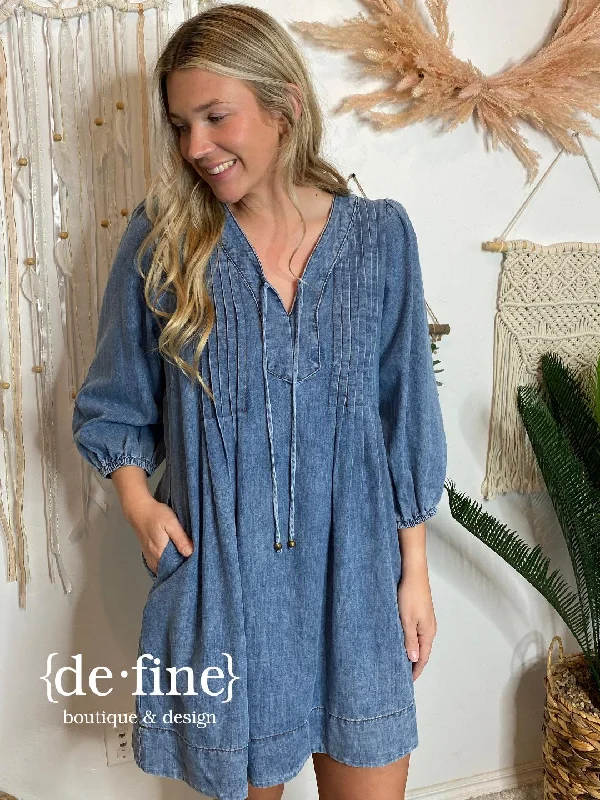 Shop and Save Denim Dress with Pleated Bodice and V-neck