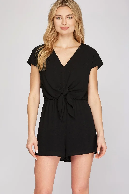 The Best Prices Drop Shoulder Woven Romper with Front Tie - MANY COLORS