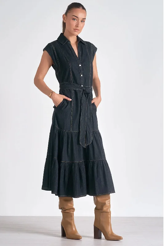 Online Only Elan Daria Midi Denim Dress Black