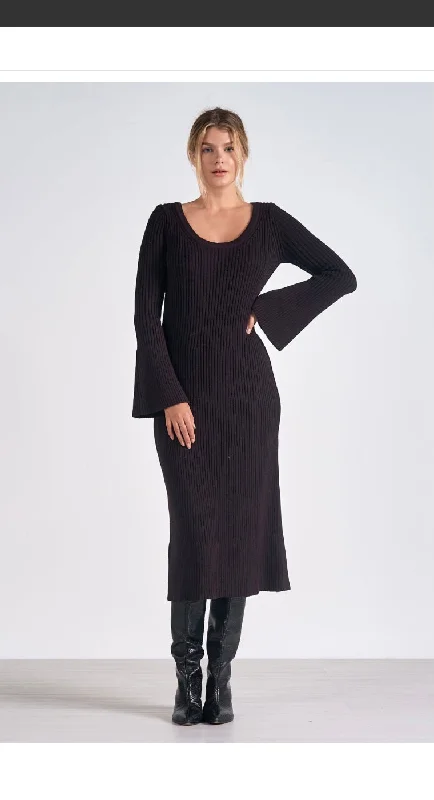 Now or Never Elan Maxi L/S Scoop Neck Cable Knit Black Sweater Dress