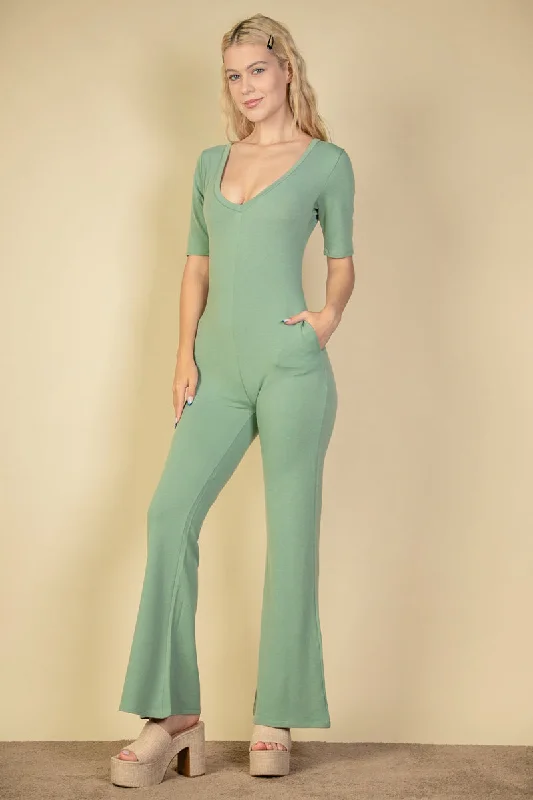 Epic Deals French Terry Flare Leg Short Sleeve Jumpsuit