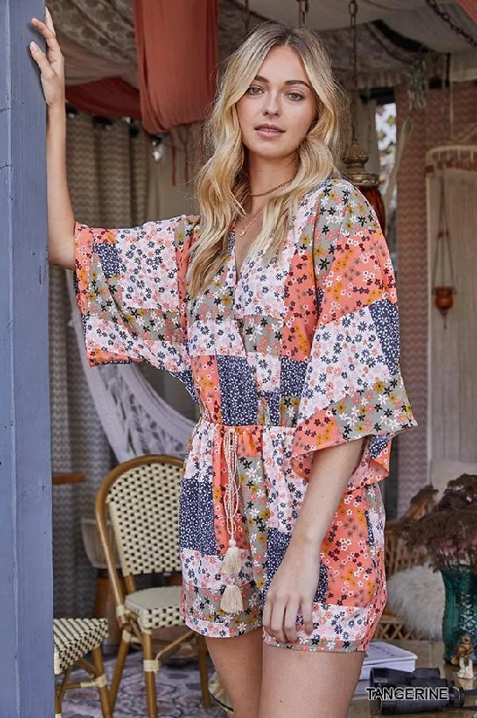 Special Buy Patchwork Printed Surplice Romper With Waist Tassel Tie And Bottom Lining Special Buy Patchwork Printed Surplice Romper With Waist Tassel Tie And Bottom Lining