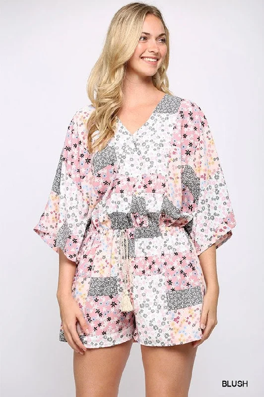 Friends and Family Sale Patchwork Printed Surplice Romper With Waist Tassel Tie And Bottom Lining Friends and Family Sale Patchwork Printed Surplice Romper With Waist Tassel Tie And Bottom Lining