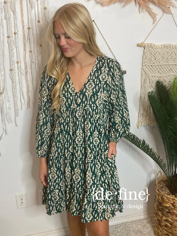 Lowest Prices Green and Ivory Damask Dress with Pockets
