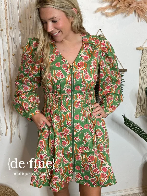 Low Prices Green Floral Zip Up Dress S-XL