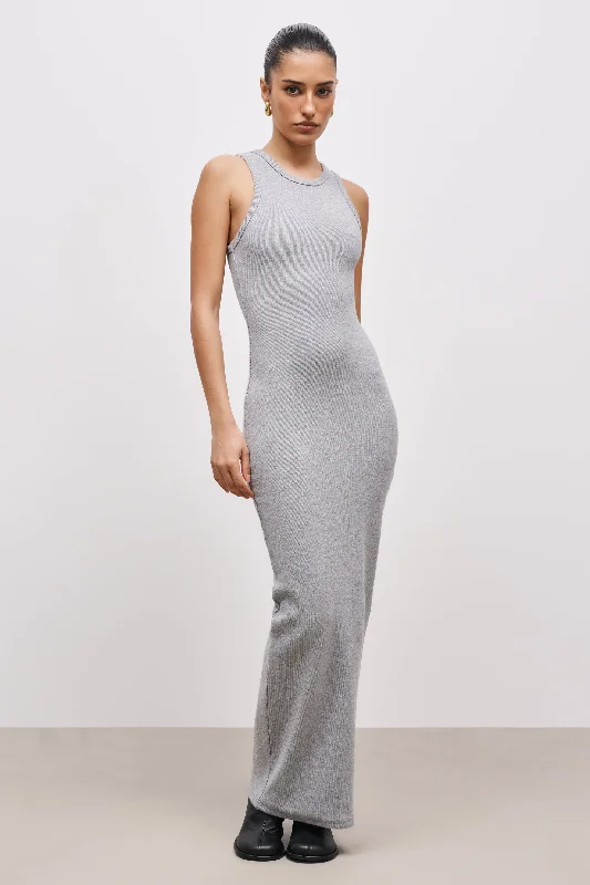Now or Never Heavy Ribbed Racer Maxi Dress - Grey Marl