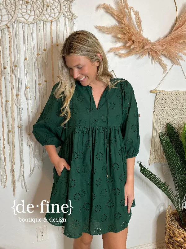 The Best Prices Hunter Green Eyelet V-Neck Dress