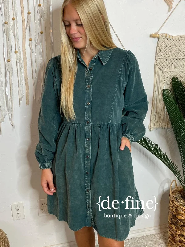 Bargain Prices Hunter Green Long Sleeve Midi Corduroy Dress