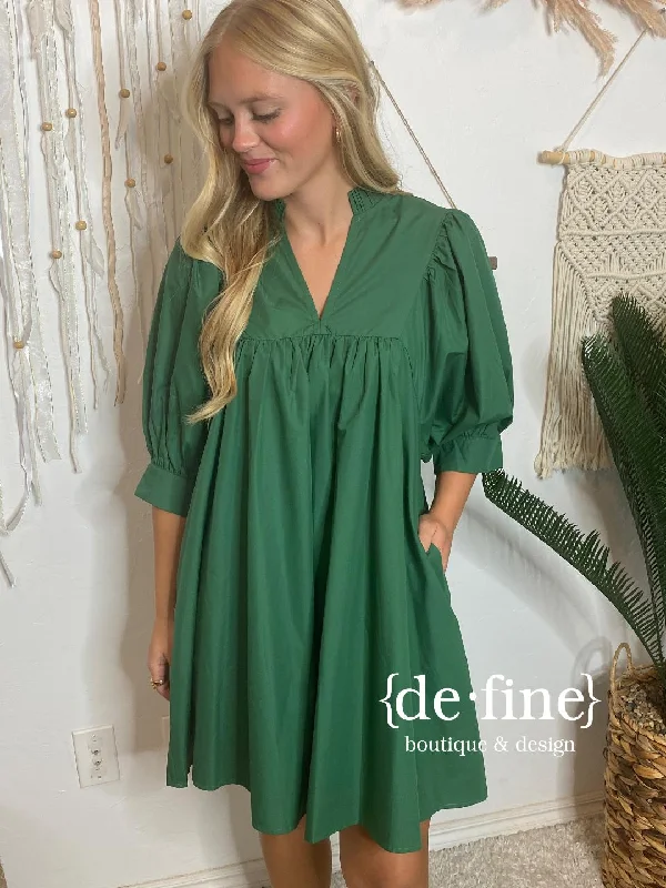 Epic Deals Hunter Green V-Neck Dress with Balloon Sleeves
