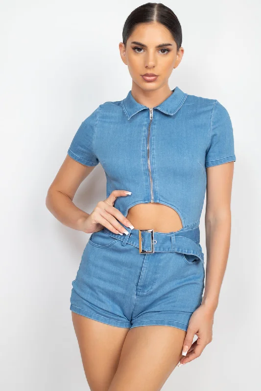 Price Break Belted Zip-up Denim Romper