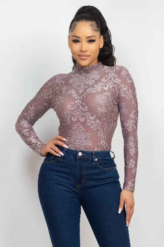 Deal of the Day Embroidered Mock Neck Keyhole Bodysuit