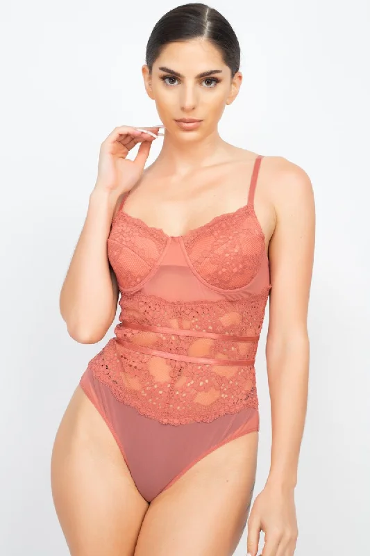 Super Deal Sheer Lace Floral Padded Bodysuit