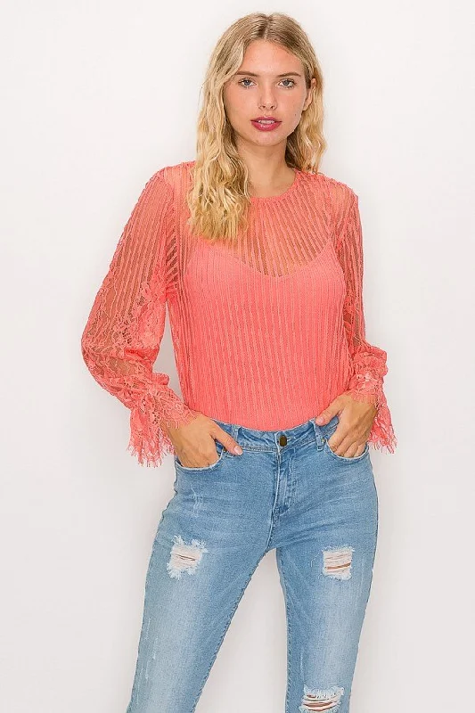 Today's Special Lace Trim Shadow Stripe Bodysuit