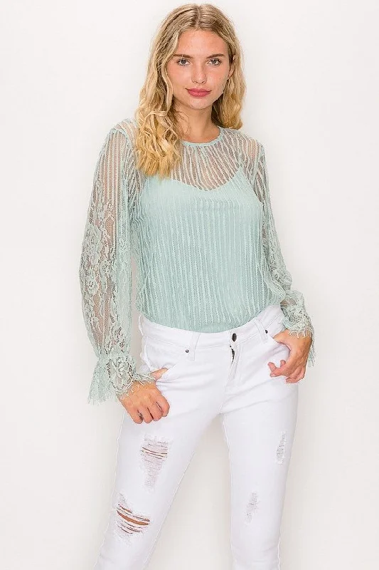 Lowest Prices Lace Trim Shadow Stripe Bodysuit