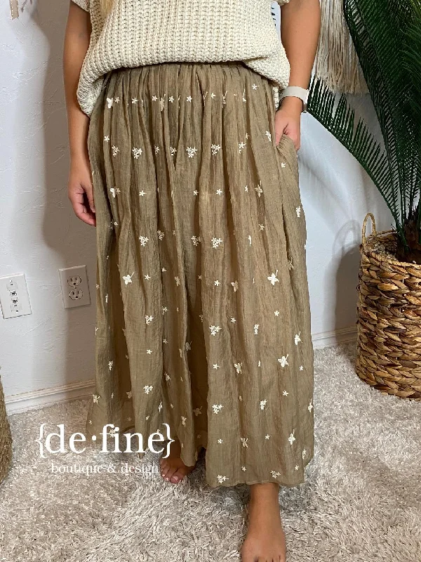 Deal Dash Khaki Skirt with Embroidered Flowers