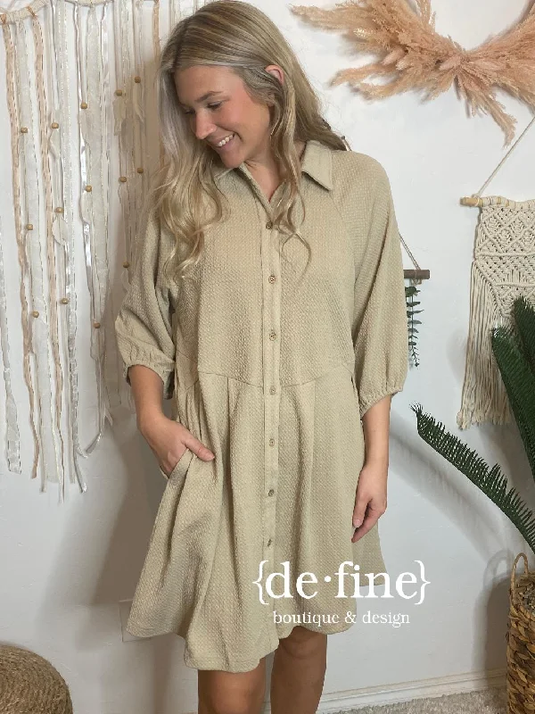 Can't Miss Latte Textured Button Up Dress in Regular & Curvy