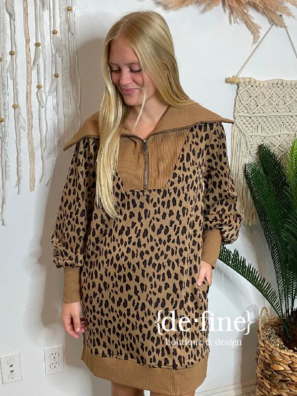 Super Deal Leopard Sweater Dress with Zipper