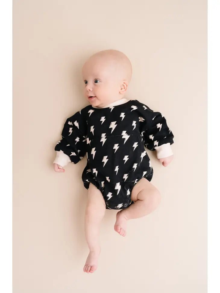 Huge Discounts Little One Shop: Bolts on Black Sweatshirt Romper