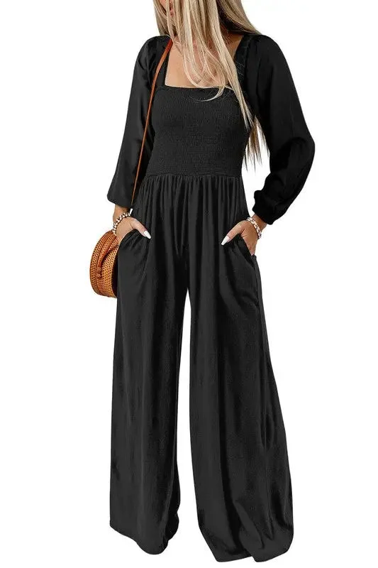 Price Rollback Long Sleeve Jumpsuit Square Neck Smocked Bodice