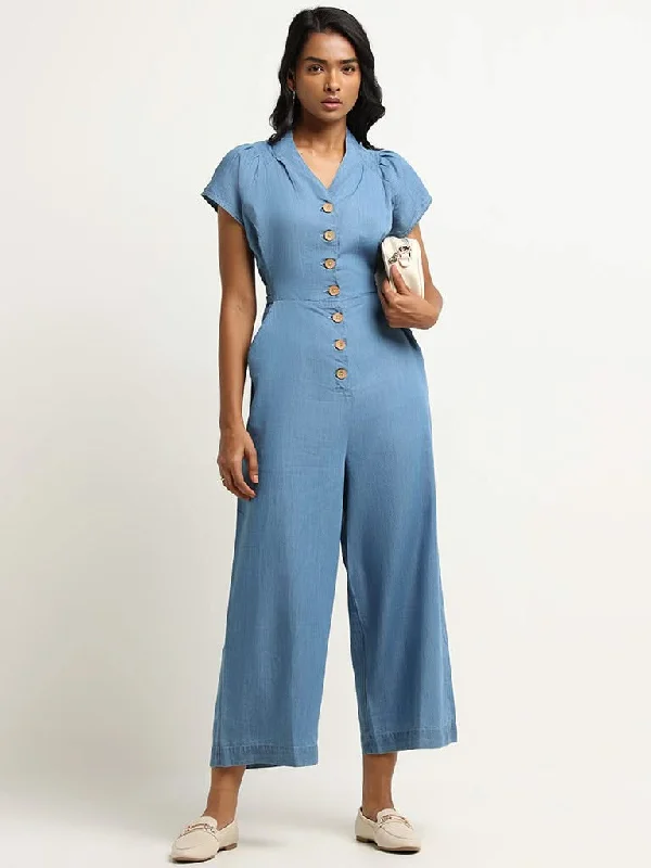 Best Bargains LOV Blue Buttoned Cotton Blend Jumpsuit