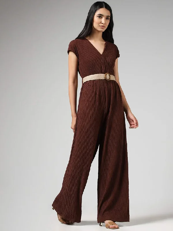 Discount Extravaganza LOV Chocolate Brown Surplice Neck Crepe Jumpsuit