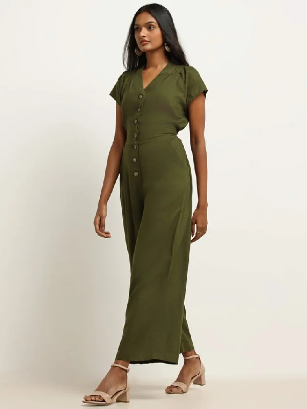 Daily Deals LOV Green Solid Blended Linen Jumpsuit