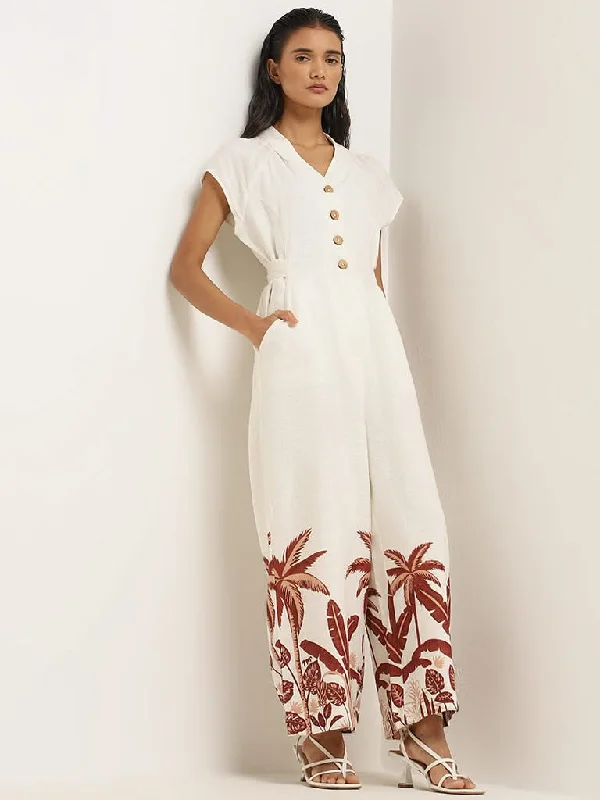 Can't Miss LOV Off-White Printed Blended Linen Jumpsuit