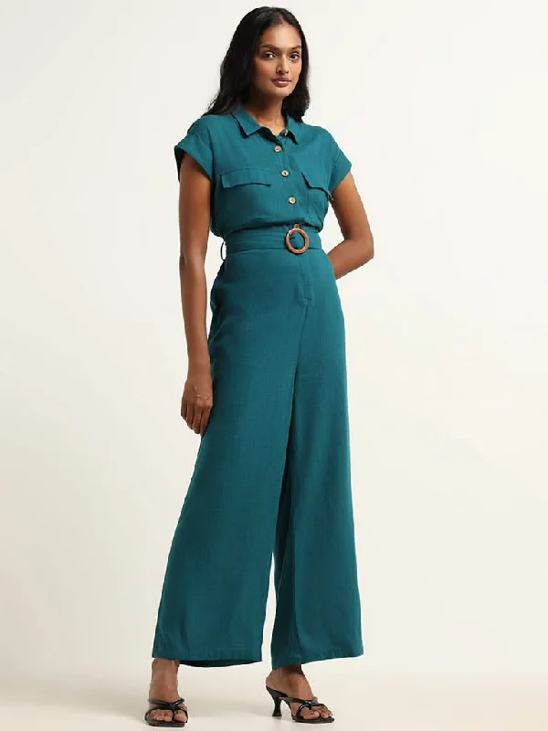 Discount Days LOV Teal Blended Linen Jumpsuit