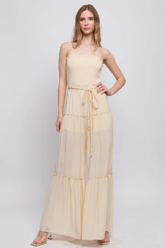 Reduced Prices Woven Solid Sleeveless Smocked Ruffle Jumpsuit