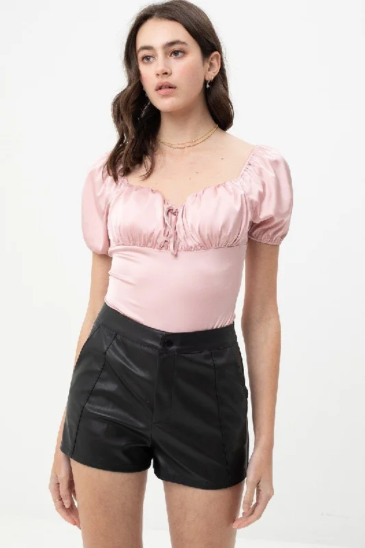 New Markdowns Satin Bodysuit With Front Neck Tie And Scooped Neck