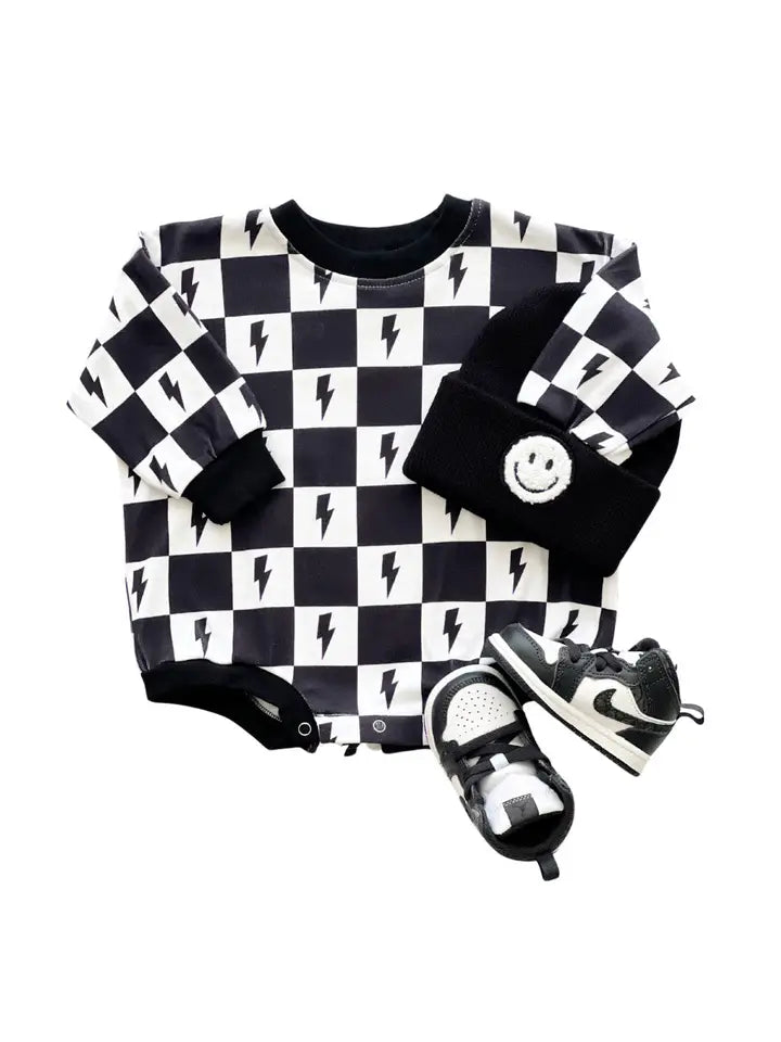 Limited Availability Lucky Panda Kids: Charcoal Bolts Bubble Romper