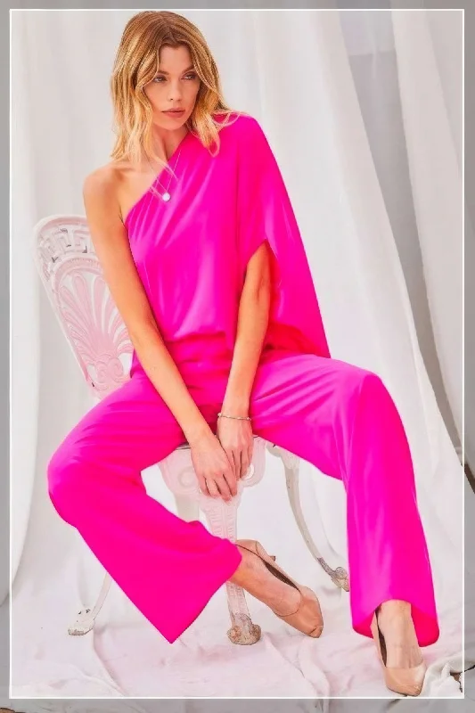 Markdowns One Shoulder 3/4 Sleeve Unbalanced Waist Elastic Solid Pants Jumpsuit