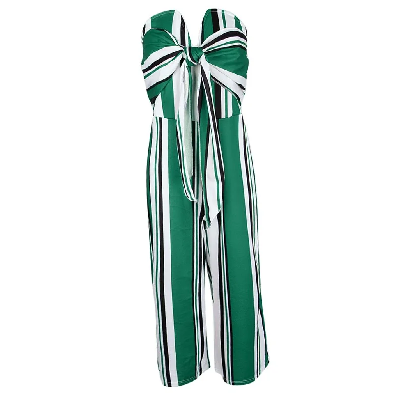Take Advantage Striped Tie Front Strapless Jumpsuit Long Wide Leg Pants Romper S Green Take Advantage Striped Tie Front Strapless Jumpsuit Long Wide Leg Pants Romper S Green
