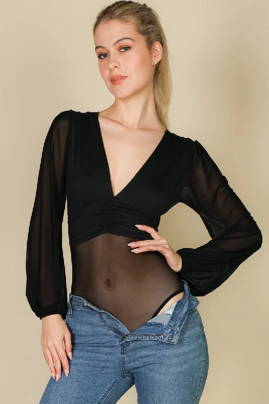 Unbeatable Prices Mesh Bodysuit with Long Sleeves and Deep V-Neck