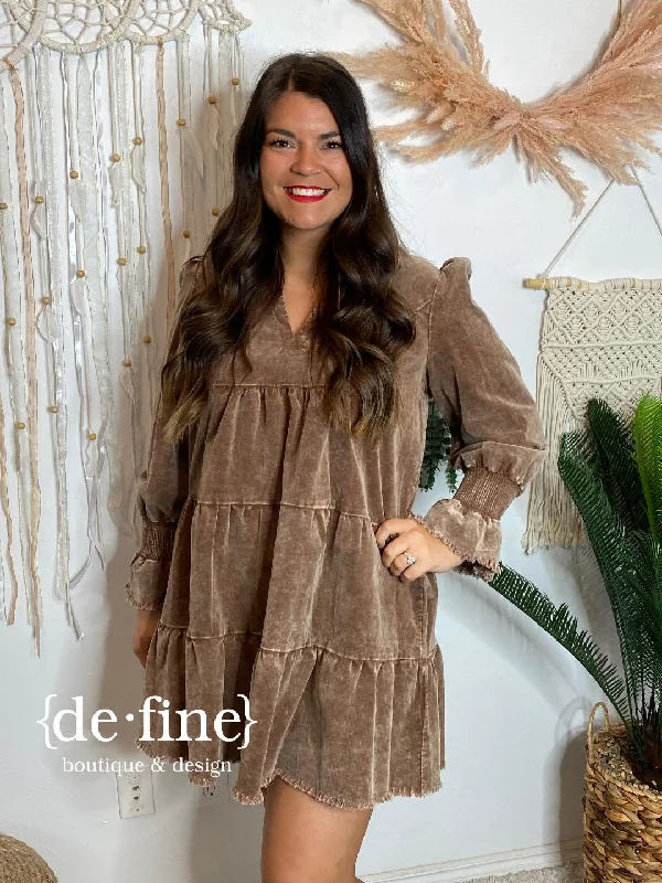 YEAR-End Sale Mocha or Clay Corduroy V-Neck Babydoll Dress in Regular & Curvy