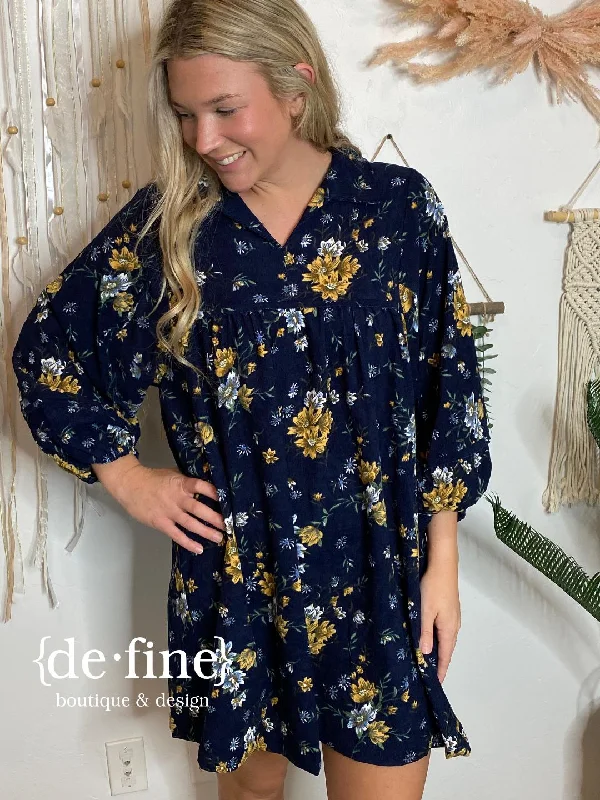 Overstock Navy Corduroy Dress with Yellow Flowers
