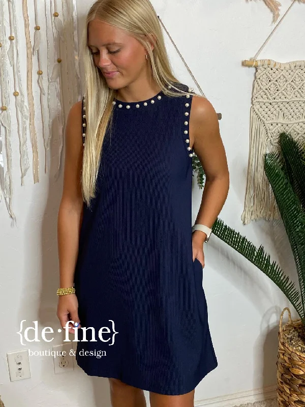 Major Savings Navy Shift Dress with Large Pearl Detail
