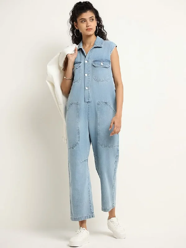Amazing Deals Nuon Light Blue Collared Denim Jumpsuit