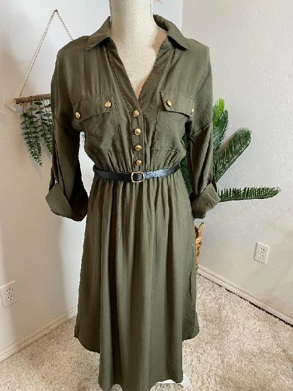 Final Markdown Olive Button Down Midi with Gold Buttons