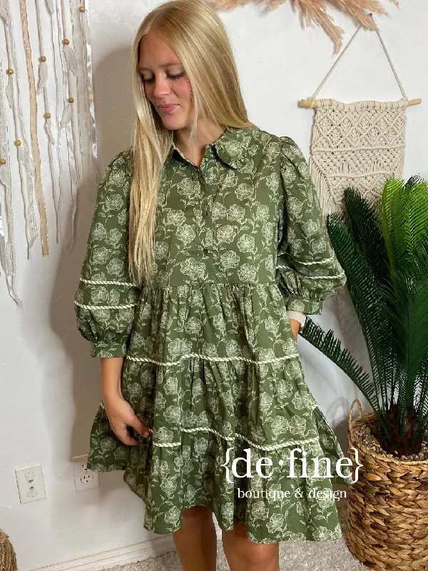 Closeout Olive Green Dress with White Flowers