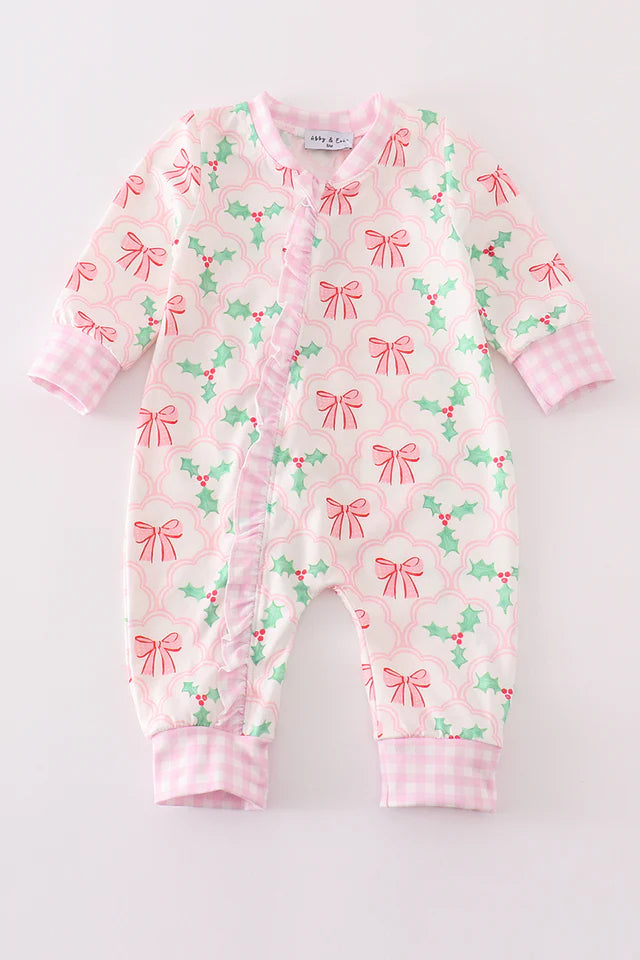 Markdowns Pink Christmas Holly Bow Print Ruffle Zipper Romper