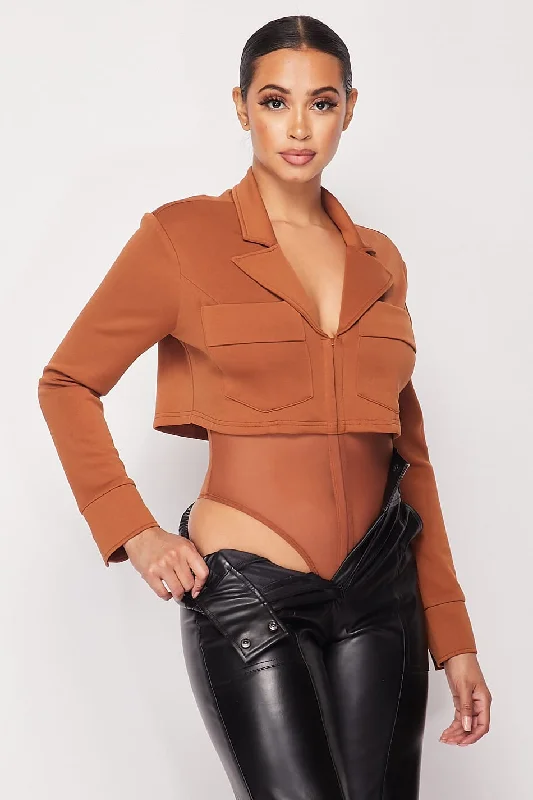 Big Discounts Deep-v Cropped Power Shoulder Blazer Bodysuit