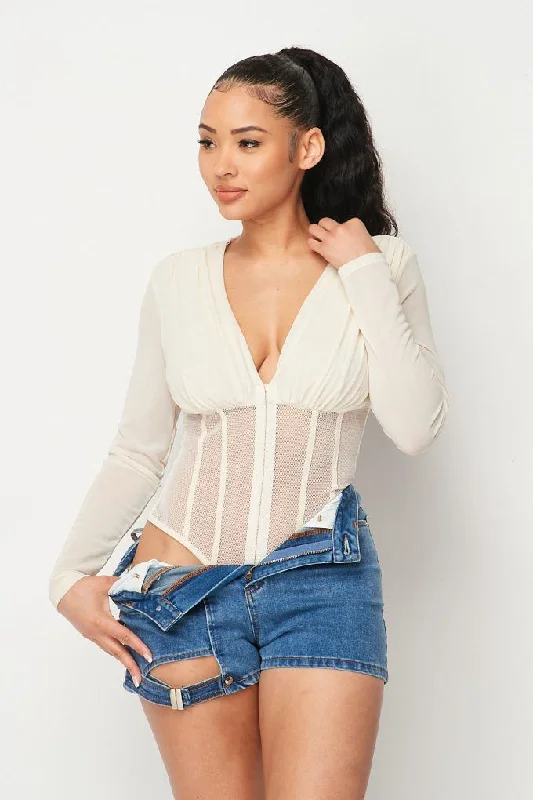 Take Advantage Fishnet Sheer Mesh Back Deep V Neck Bodysuit