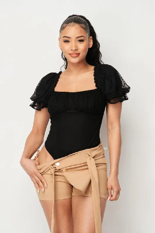 New Deals Luxe Polkadot Stretch Mesh Puff Sleeve Bodysuit