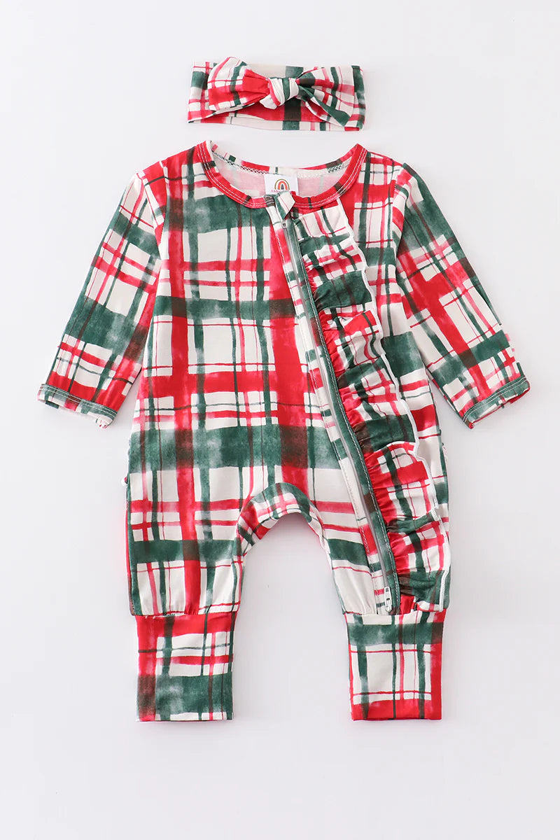 Midnight Madness Red/Green Plaid Bamboo Zipper Romper w/Headwrap