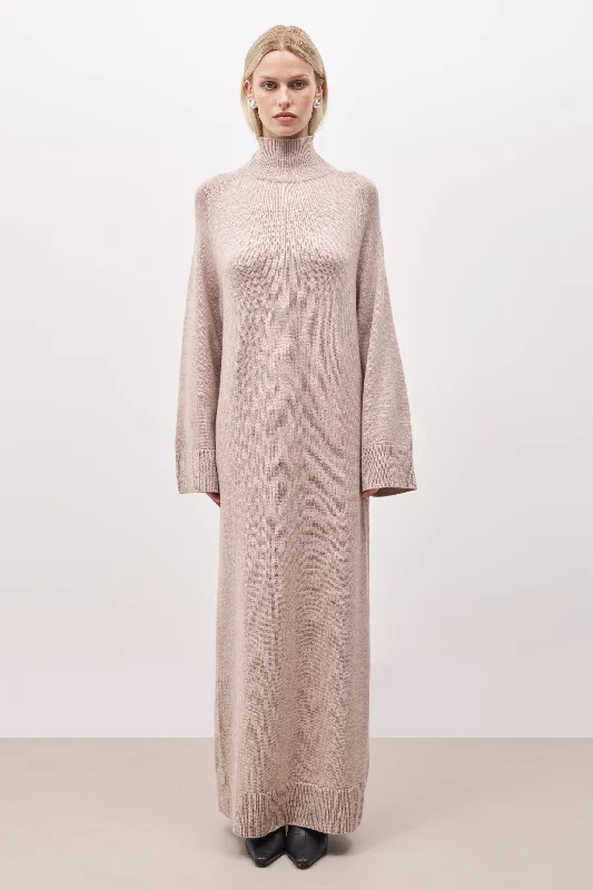 Act Now Relaxed High Neck Cashmere Blend Maxi Dress - Stone