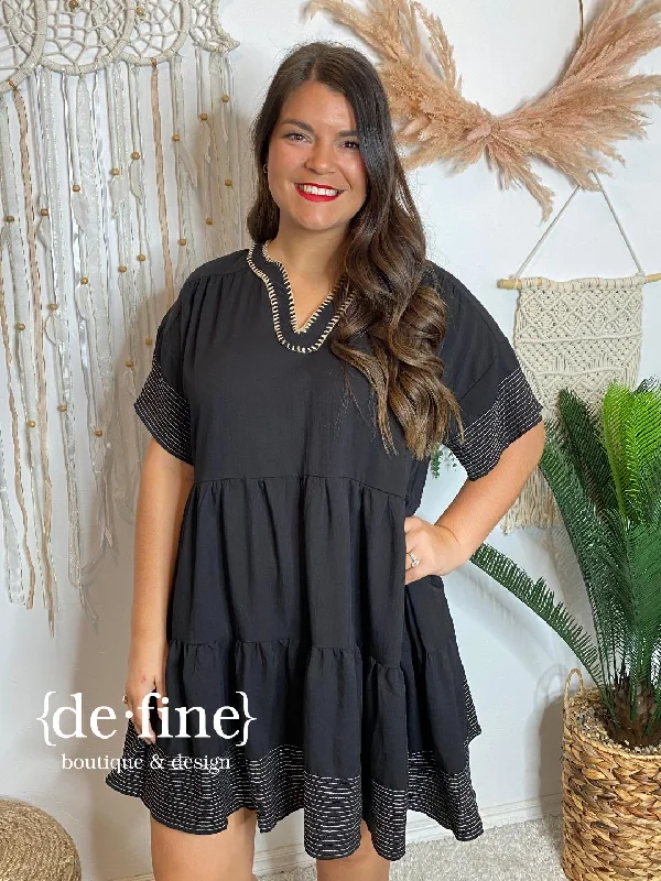 Don't Wait Rick Rack Stitched V-Neck Dress in Black or Hunter Green in Curvy