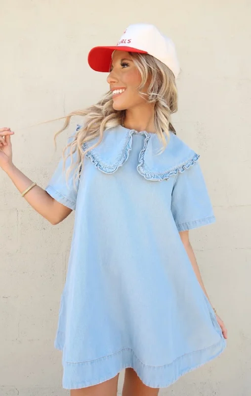 Limited Time Discount Ruffle Collared Denim Mini Dress